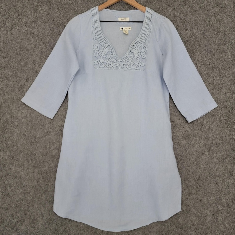 Malvin Tunic Dress Womens M Light‎ Blue Linen Crochet Lace V-Neck 3/4 Sleeve